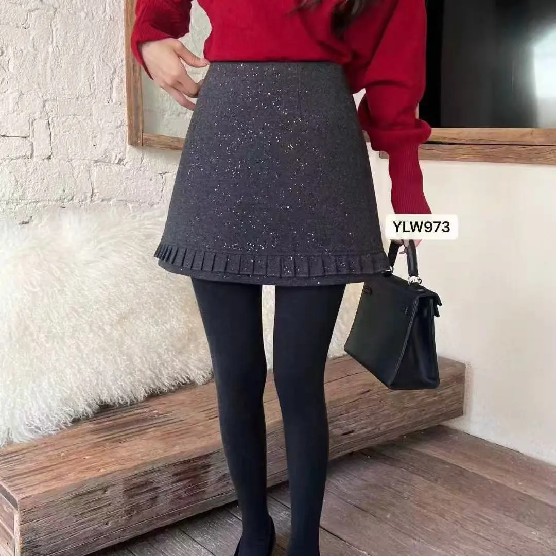 秋冬新款木耳边亮闪拼接毛呢高腰显瘦百搭A字半身短裙