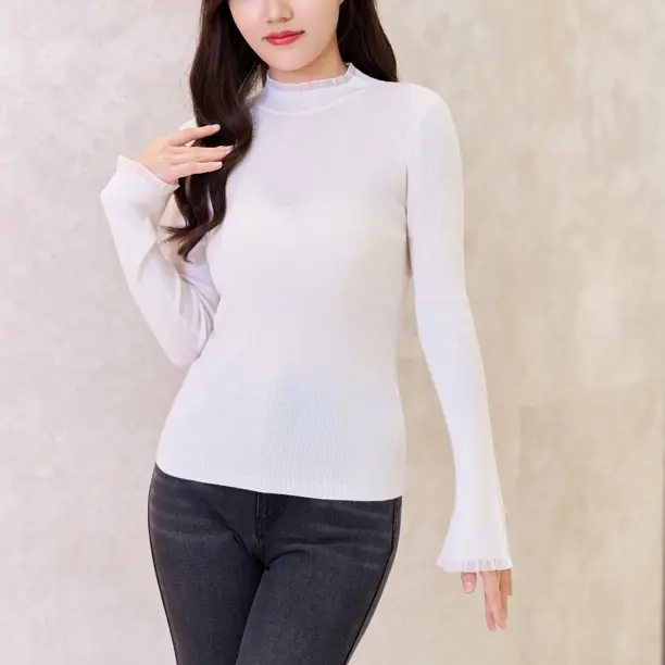 KLX圆领花边长袖针织套头春秋冬时尚显瘦百搭上衣女士针织衫