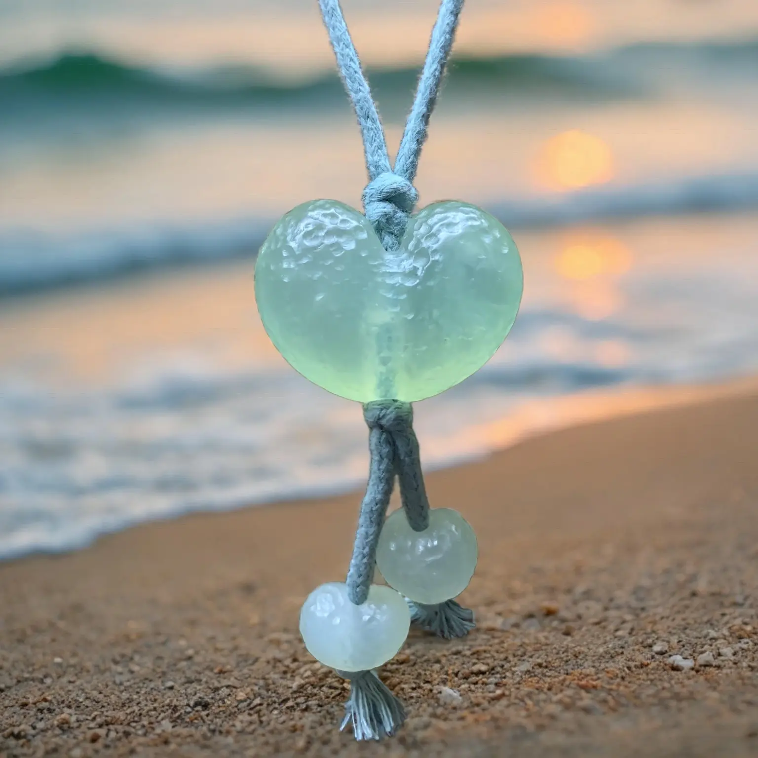 天然岫玉手工锤纹淡绿色爱心挂件男女同款