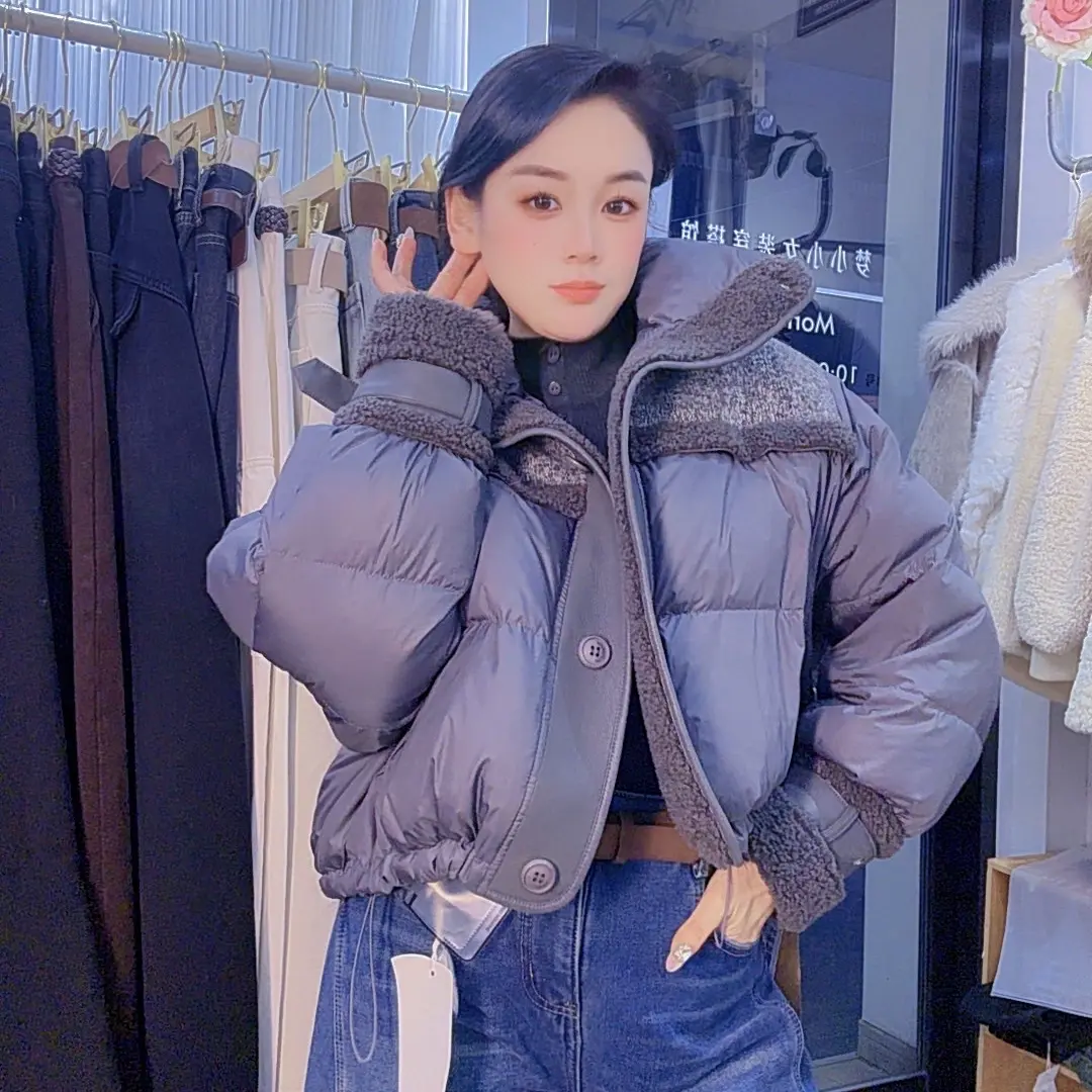 梦小小女装立领时尚羽绒服女2025冬季新款拼接保暖90白鸭绒外套