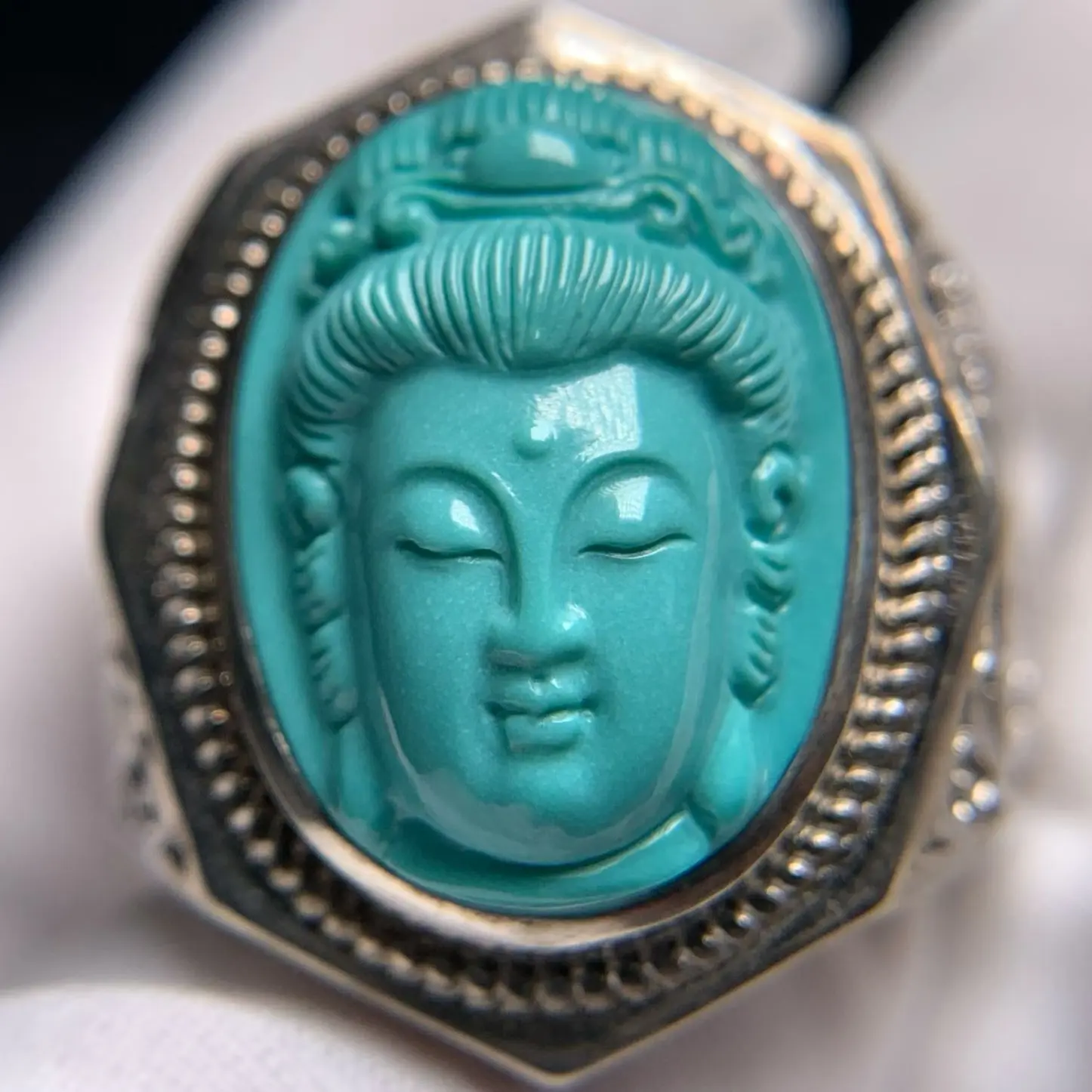 精品原矿高瓷绿松石925镶嵌观音戒指精工雕刻料质细腻