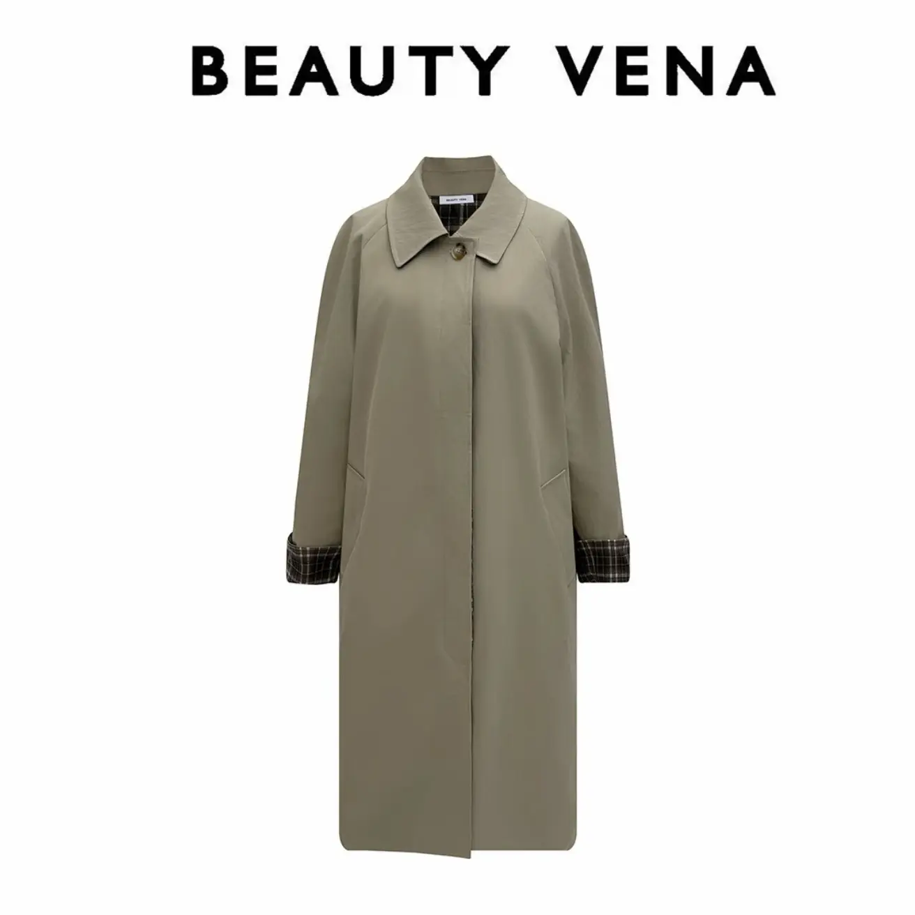 BEAUTY VENA格纹长款POLO领秋季风衣简约设计师大衣秋冬25WMZ03
