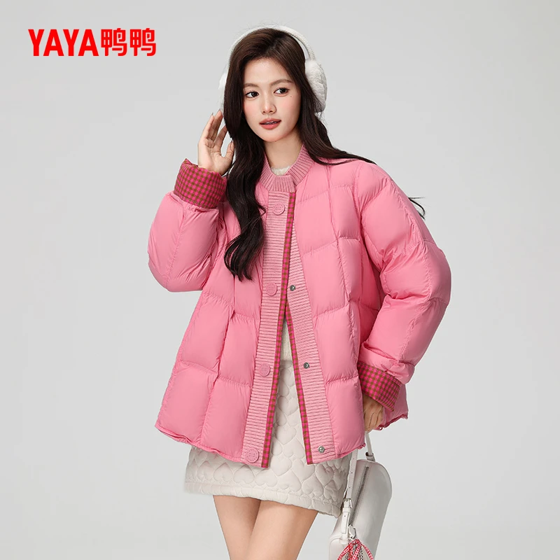 YAYA/鸭鸭时尚短款羽绒服冬季新款休闲百搭拼接针织立领鸭绒外套