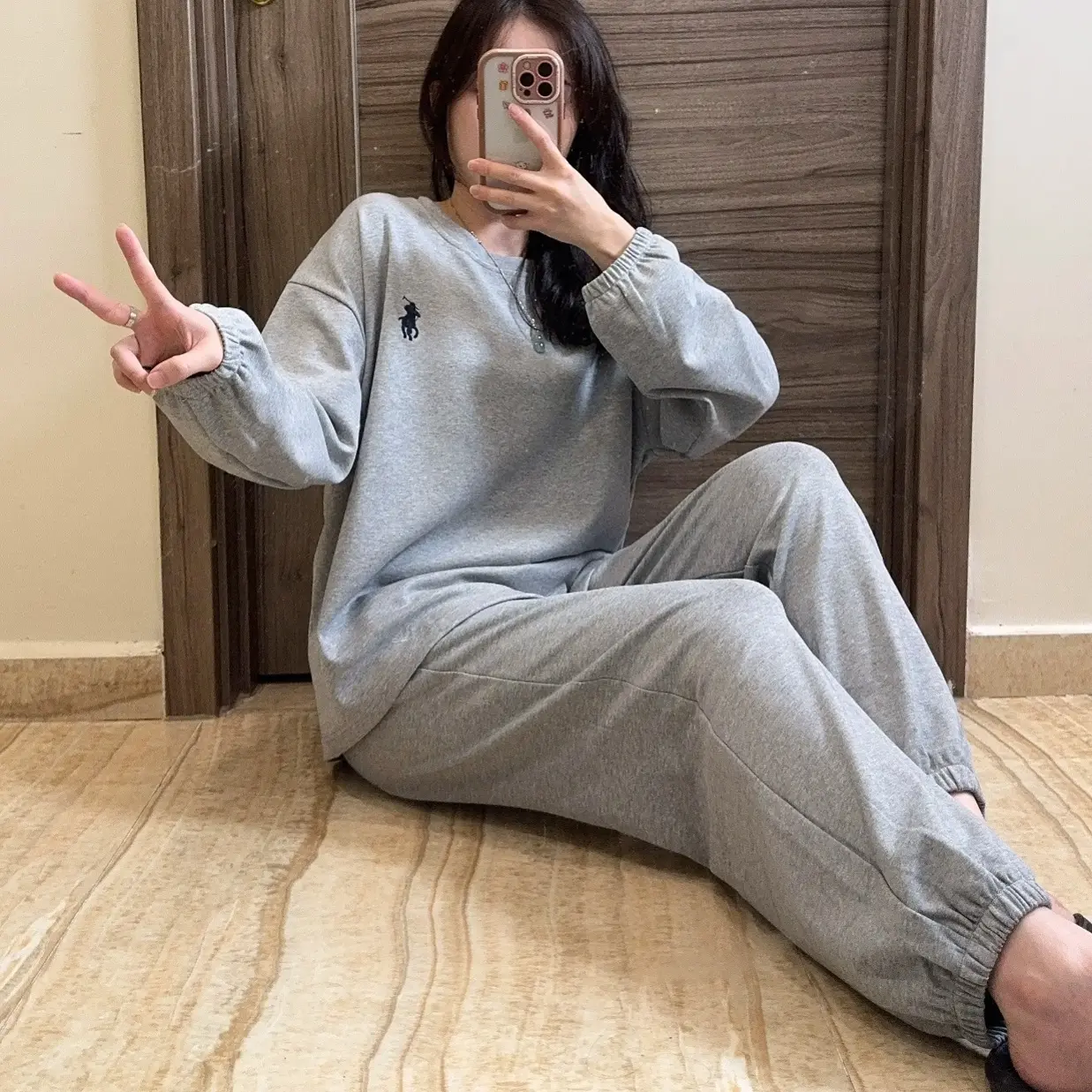 秋季女士小马刺绣圆领长袖长裤可外穿休闲亲肤睡衣套装
