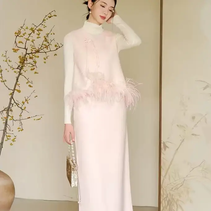 秋冬新款新中式粉色温柔高级感马甲套装轻奢雅致半身裙双面呢羊毛