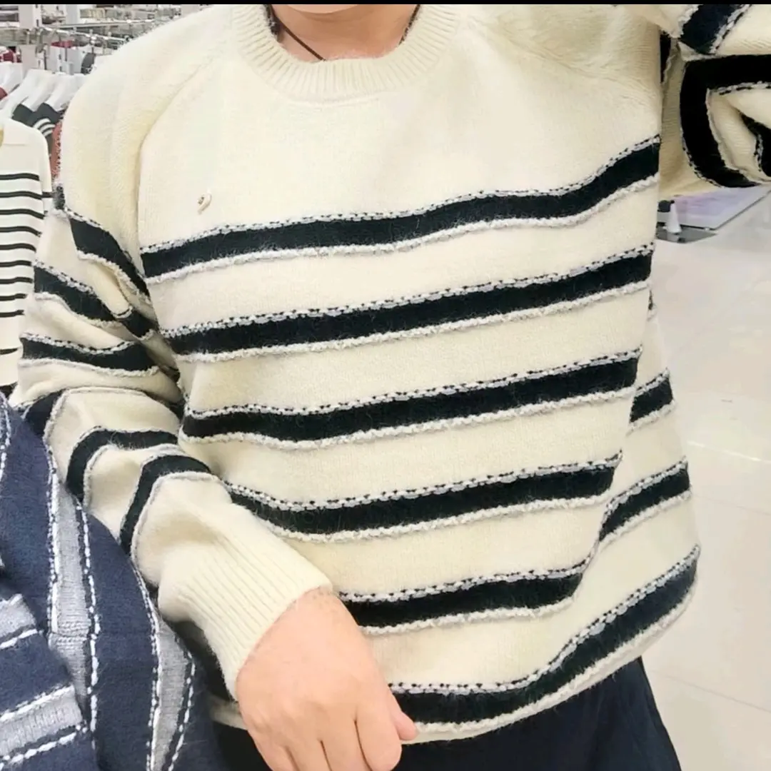 圆领针织慵懒风条纹长袖毛针织衫针织衫衫百搭