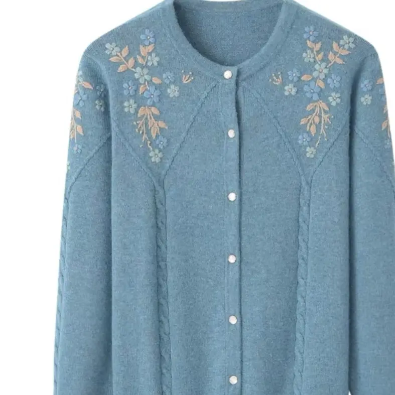 春秋新款中老年妈妈圆领宽松大码绣花针织开衫毛衣外套薄款