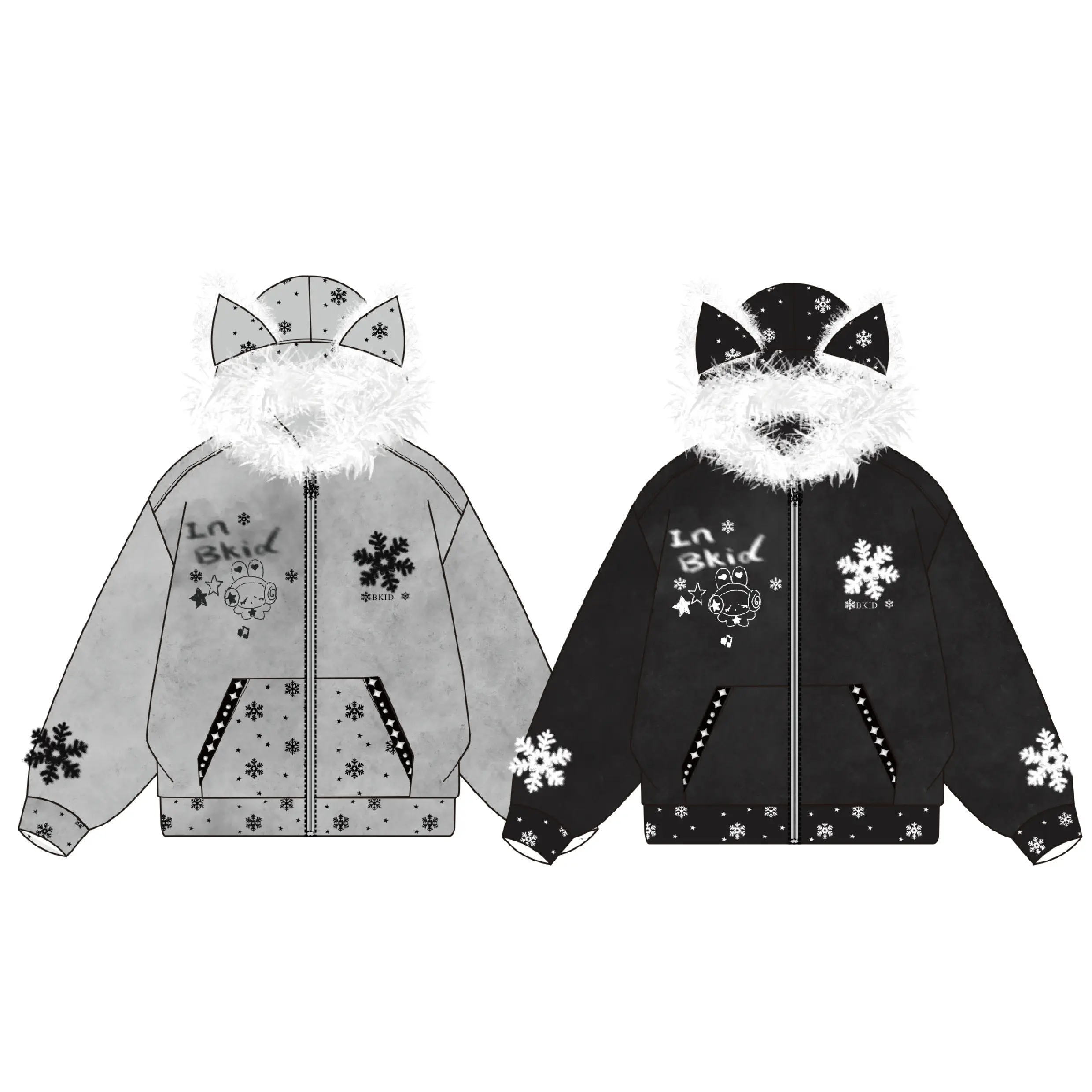 做梦特长生 原创复古雪花刺绣毛绒连帽座山雕情侣同款亚系棉服