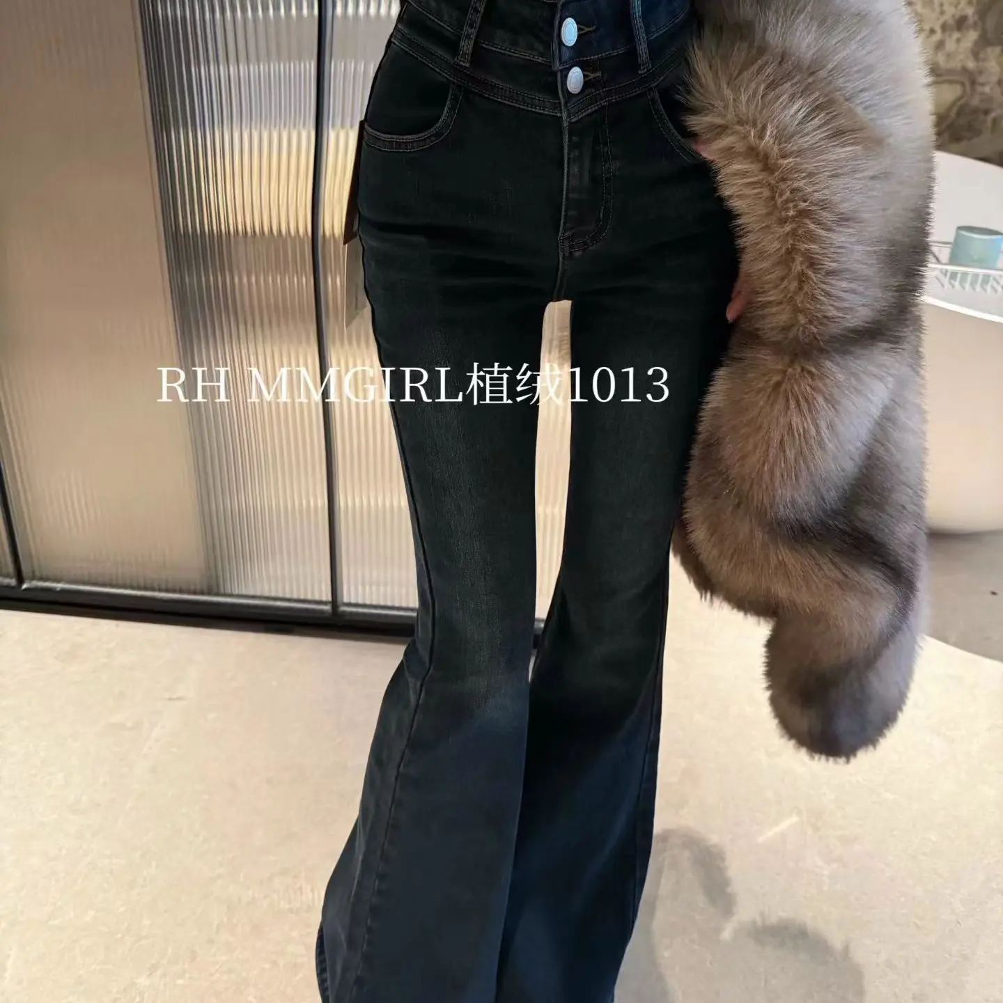 【FF】秋冬加绒高腰显瘦微喇牛仔裤女百搭长裤