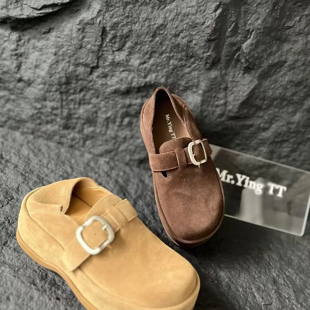 2025秋冬新款博肯圆头浅口中跟磨砂一脚蹬包头鞋子休闲鞋