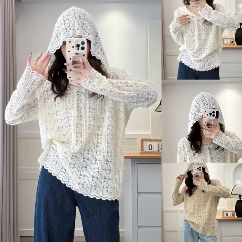 微胖大码女装秋季新款洋气立体钩花蕾丝连帽衫套头打底衫长袖4533