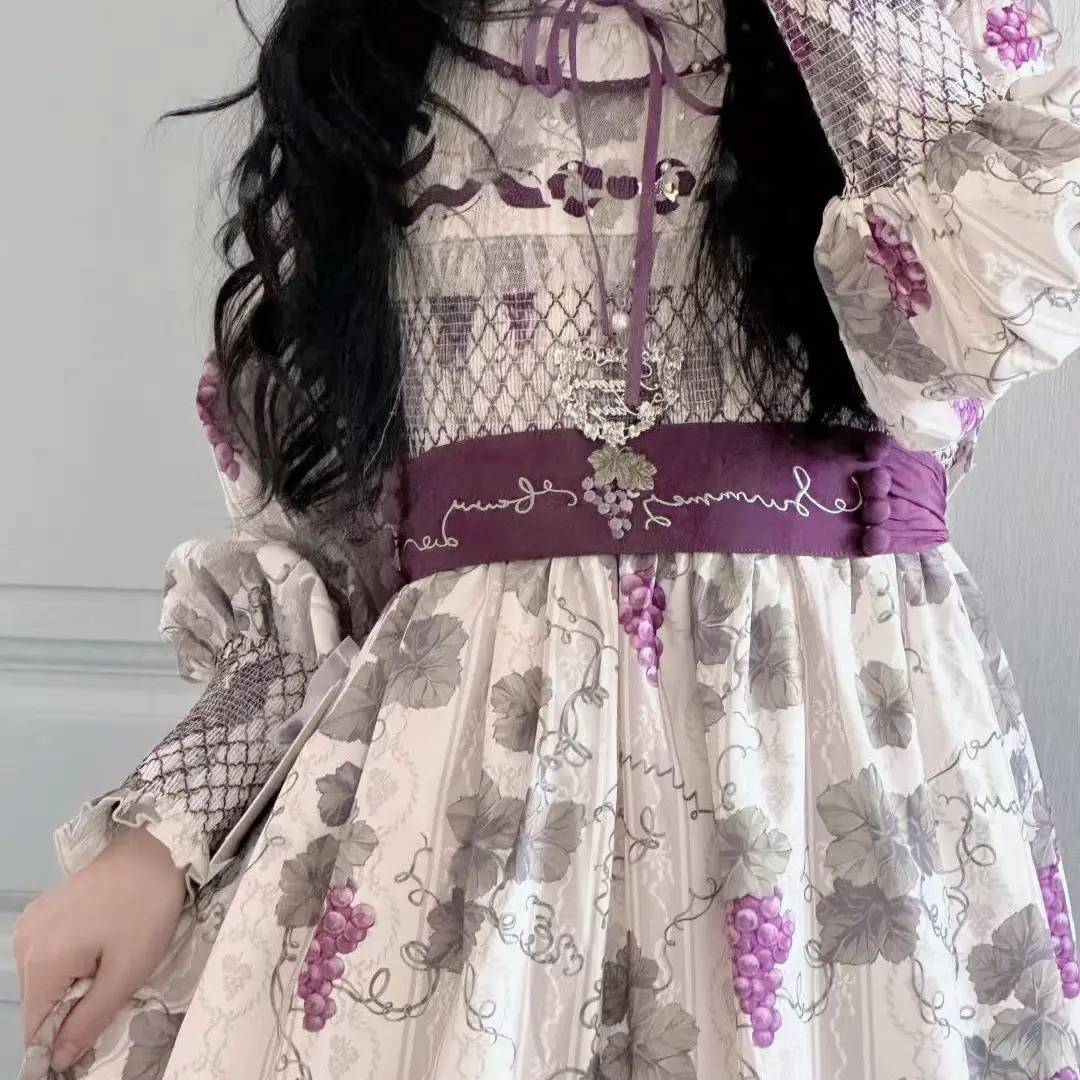 田园风葡萄园lolita长袖连衣裙娃娃领高腰优雅仙女印花长款OP