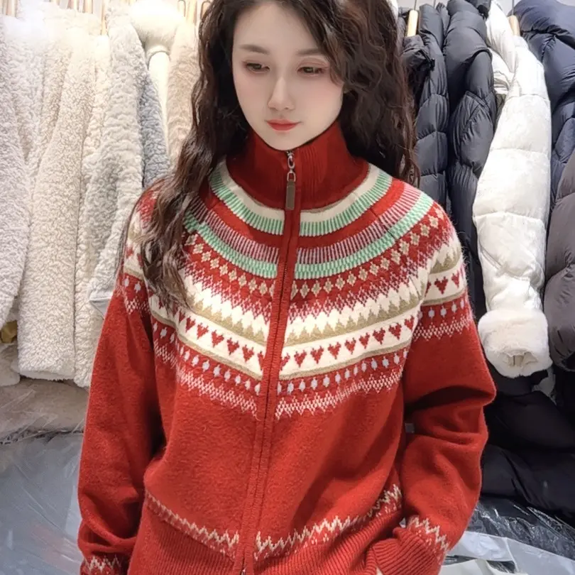 芬芬精选 费尔岛提花长袖拉链毛衣开衫外套韩版复古宽松百搭上衣