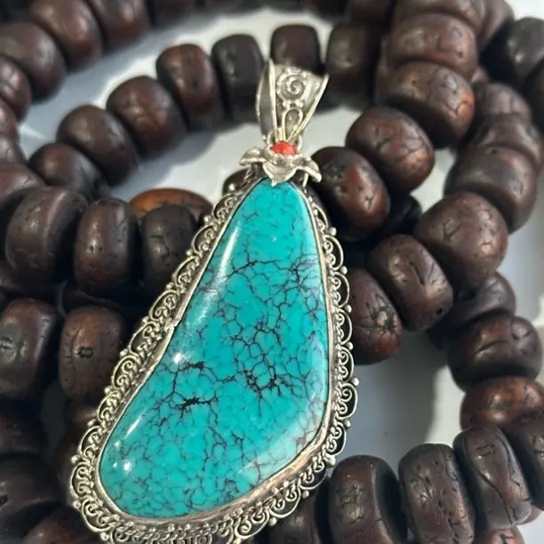 吊坠925银 小松镶嵌红海鲜纯手工掐丝复古民族风个性简约大气藏饰