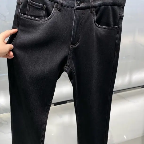 休闲风加绒加厚款冬季秋冬牛仔裤设计师修身直筒