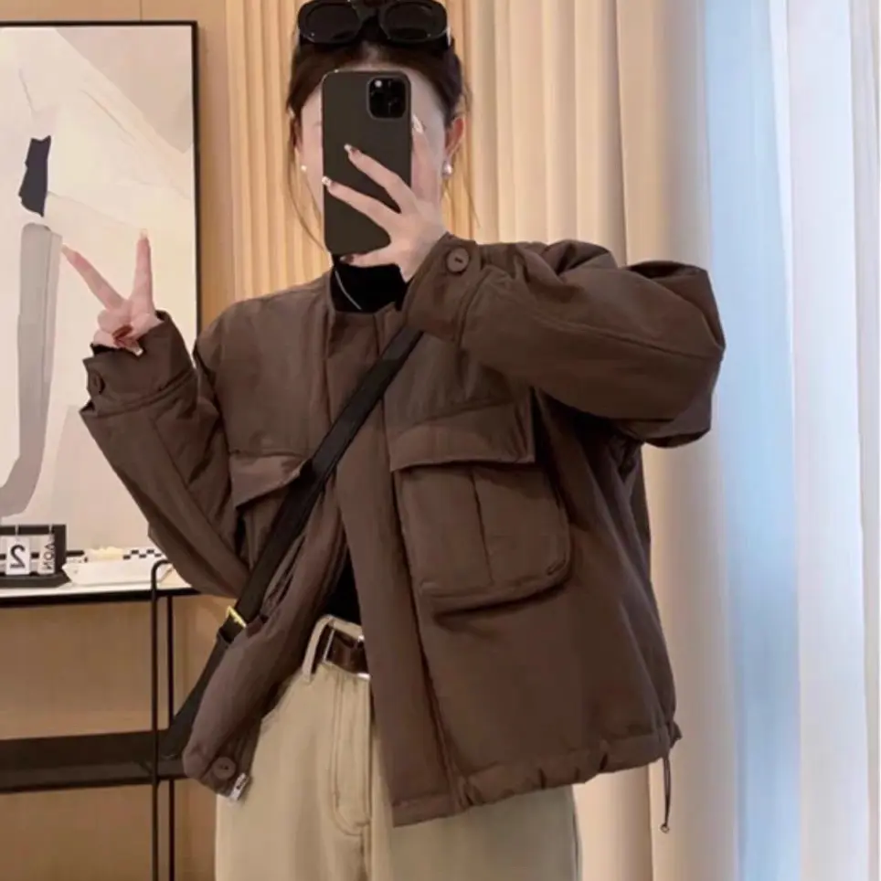 女士秋冬纯色圆领宽松短款轻薄防风棉服外套夹克