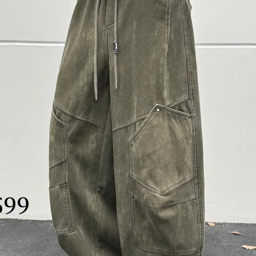 冬季美式高街风格加绒宽松弯刀水洗牛仔裤复古百搭休闲裤子