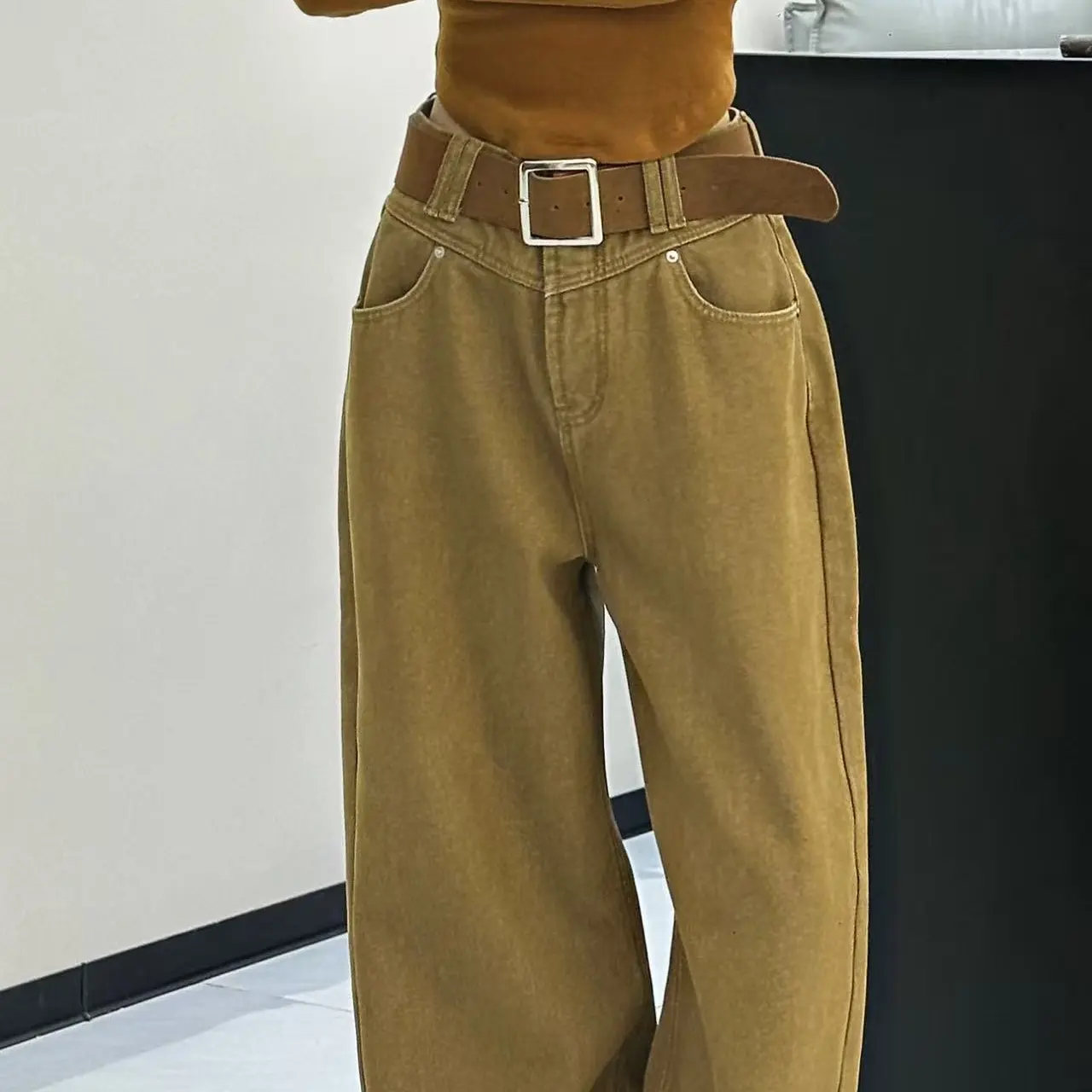 显瘦弯刀牛仔裤女秋冬新款宽松遮胯百搭加绒加厚拖地长裤9860