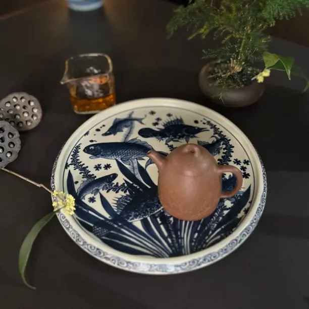 景德镇幽蓝溪堂仿元青花二号釉鱼藻大茶盘茶具圆形干泡纯手工陶瓷