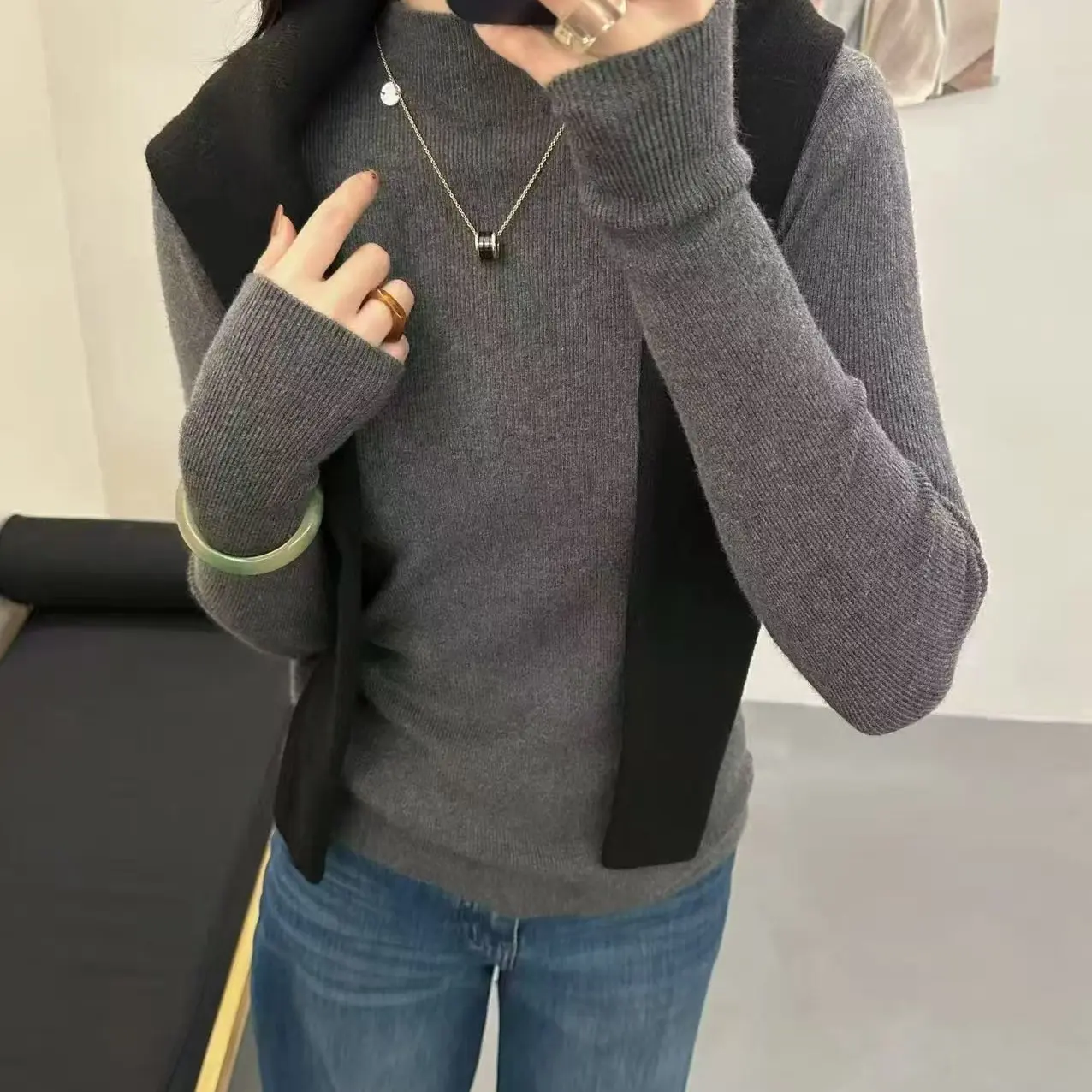 不缩水中厚款针织半高领纯色衫百搭修身女士长袖打底毛衣