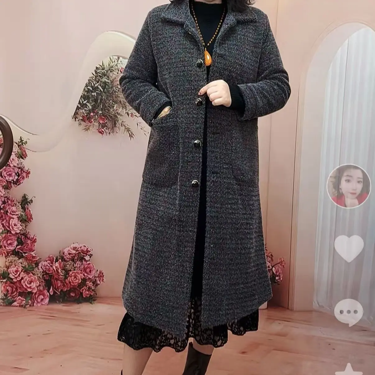 冬季中长款时尚宽松长袖加棉加厚风衣翻领长款棉衣外套