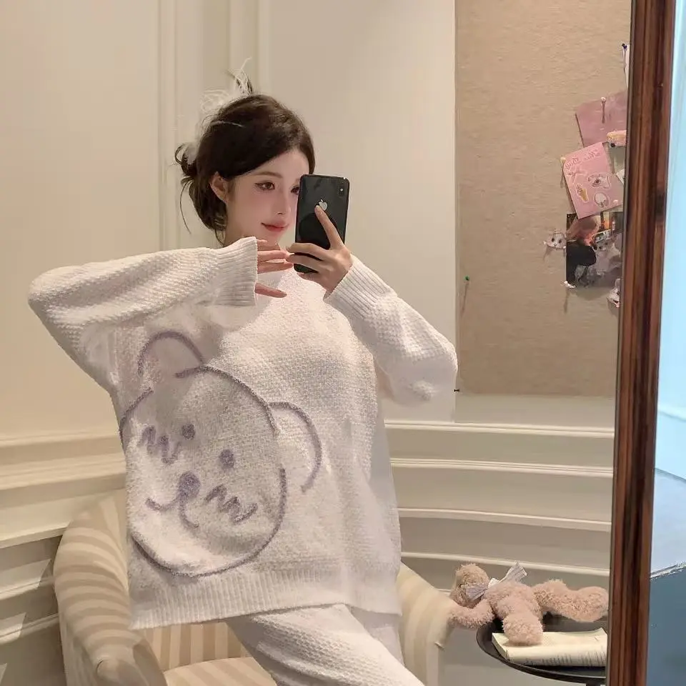0034 秋冬可爱少女风半边绒睡衣套装