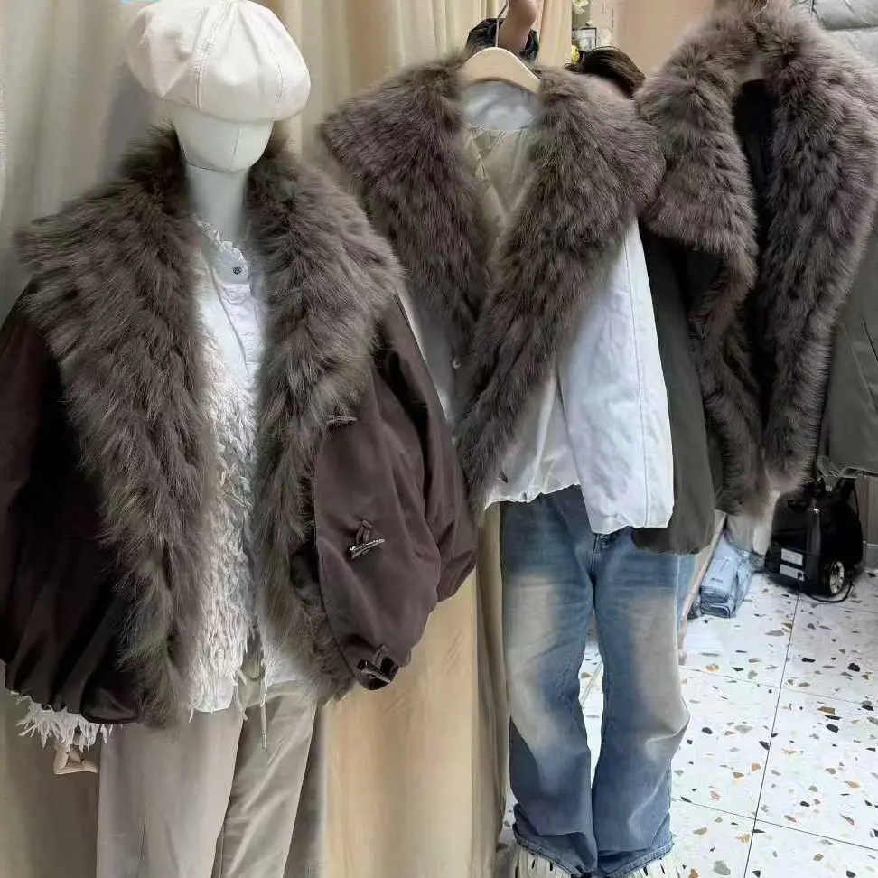 女款冬季时尚保暖可拆卸大毛领真毛狐狸毛皮草鹅绒外套