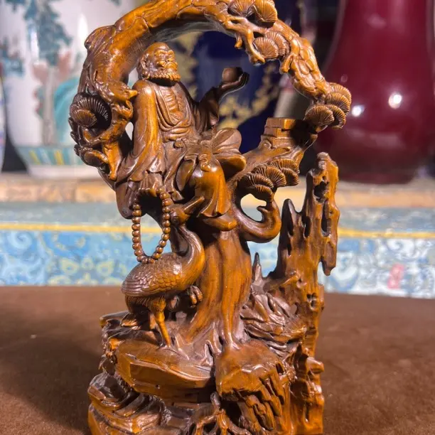 黄杨木雕“松鹤罗汉/达摩”摆件