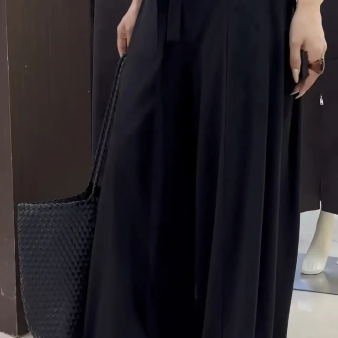 　<程程服饰>高腰飘带系带阔腿牛皮绒显瘦垂坠感气质长裤裤子黑色