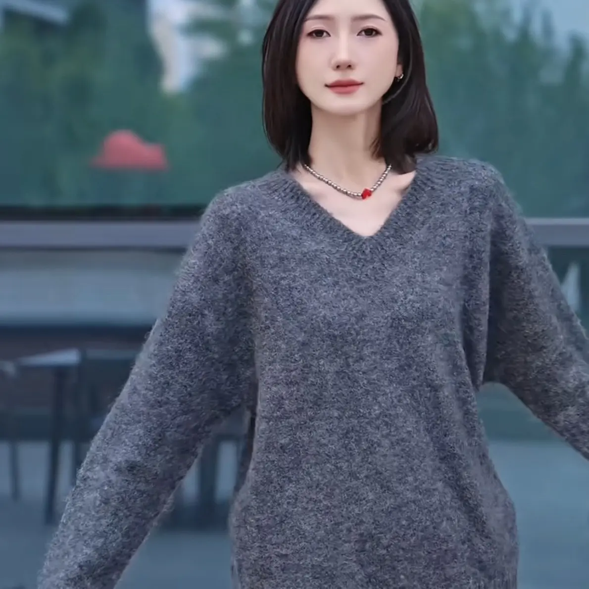 玛丝恩迪常规女常规袖免烫处理V领针织衫