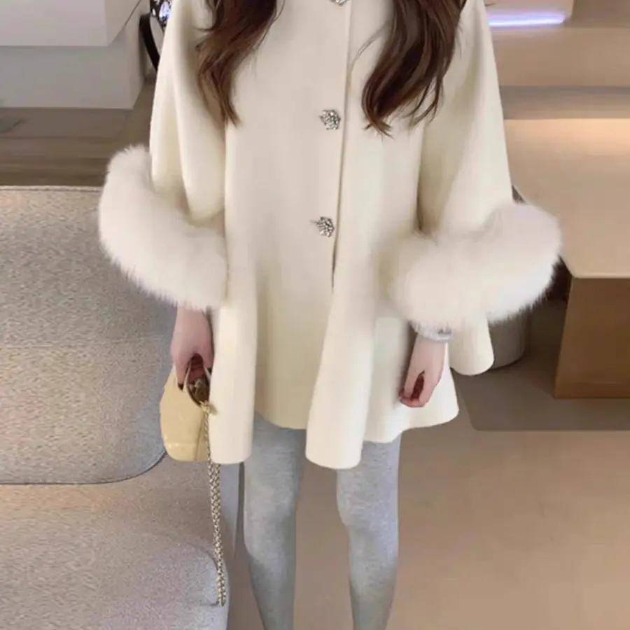 新款赫本风双面呢大衣女长款收腰显瘦真毛袖轻奢富家千金风外套