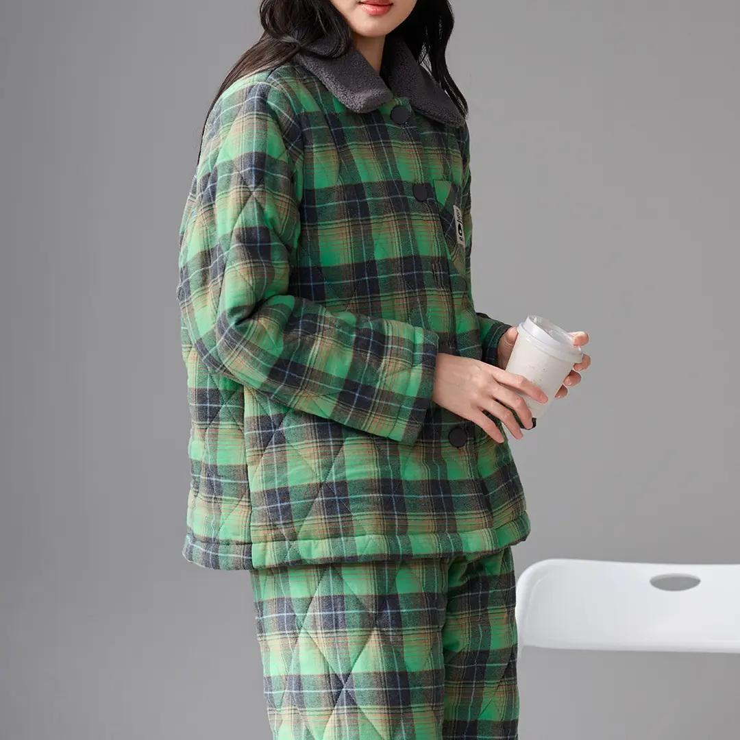 安家冬季三层夹棉加厚可外穿女士纯棉格子家居服