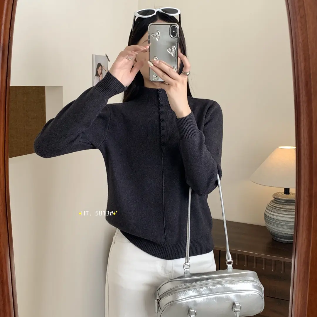 新款针织打底衫半高领厚款纯色网红半开衫秋冬长袖打底外穿针织衫