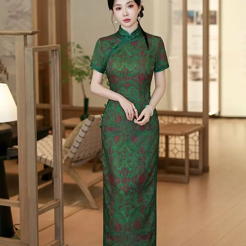 0037-天丝缎双层高端港风旗袍重工缝制/衣长125-128 尺码L-5XL