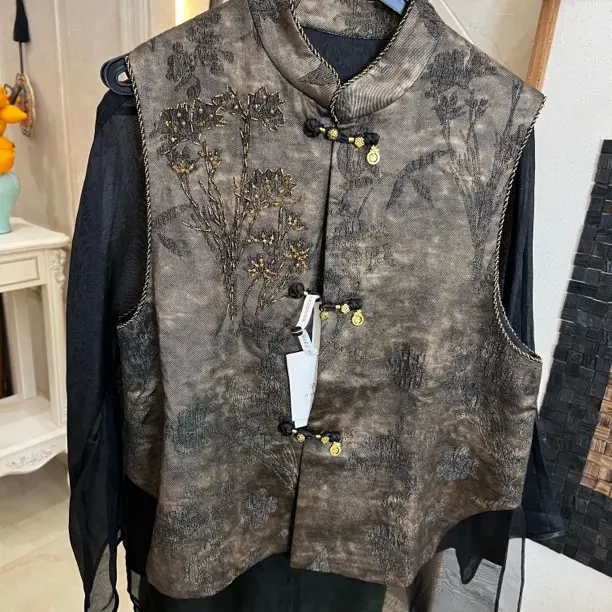 新中式国风桑蚕丝无袖重工百搭女款马甲上衣