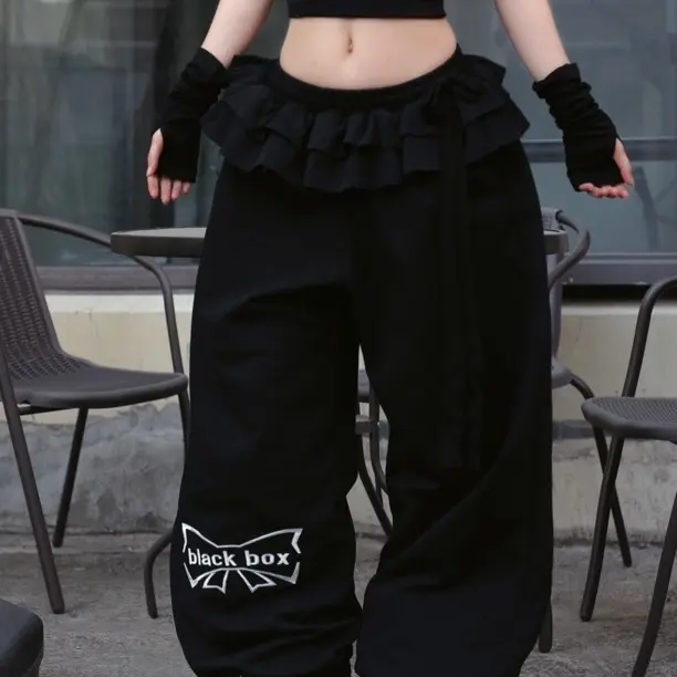 〖圣诞系列〗黑盒子原创蝴蝶结蛋糕裙边宽松阔腿裤爵士街舞休闲卫裤