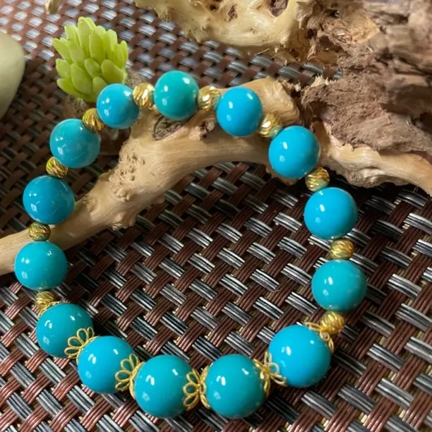 原矿高瓷玉化蓝绿松石圆珠搭18k金时尚百搭手链