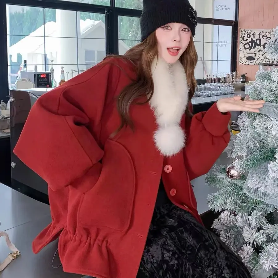 红色毛呢白鸭绒服外套女冬季加厚保暖带毛领爆款