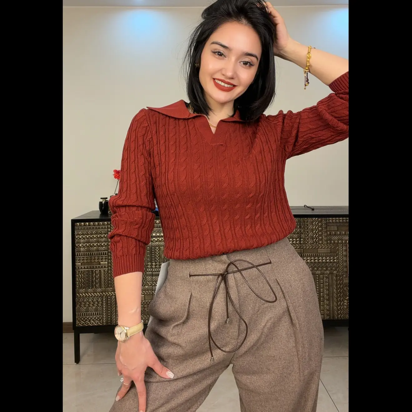 秋季软糯老钱风翻领针织衫女士修身内搭