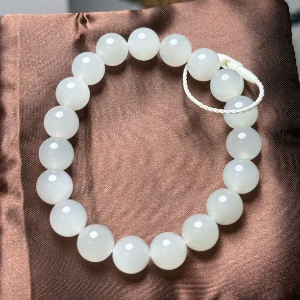 和田玉白玉卡10mm圆珠手串冰底