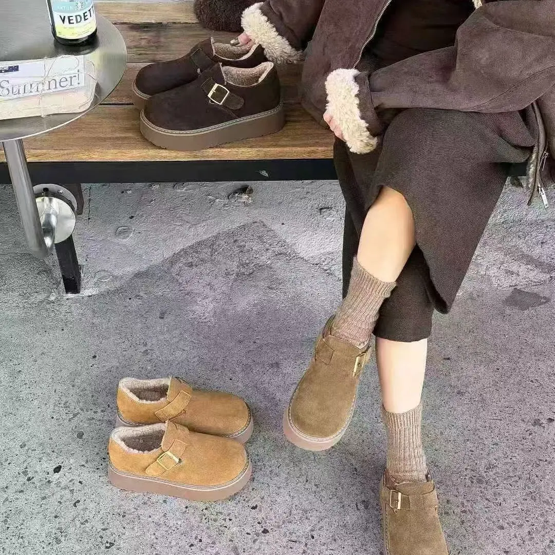 勃肯鞋女冬季加绒保暖厚底一脚蹬毛毛鞋舒适防滑增高休闲鞋