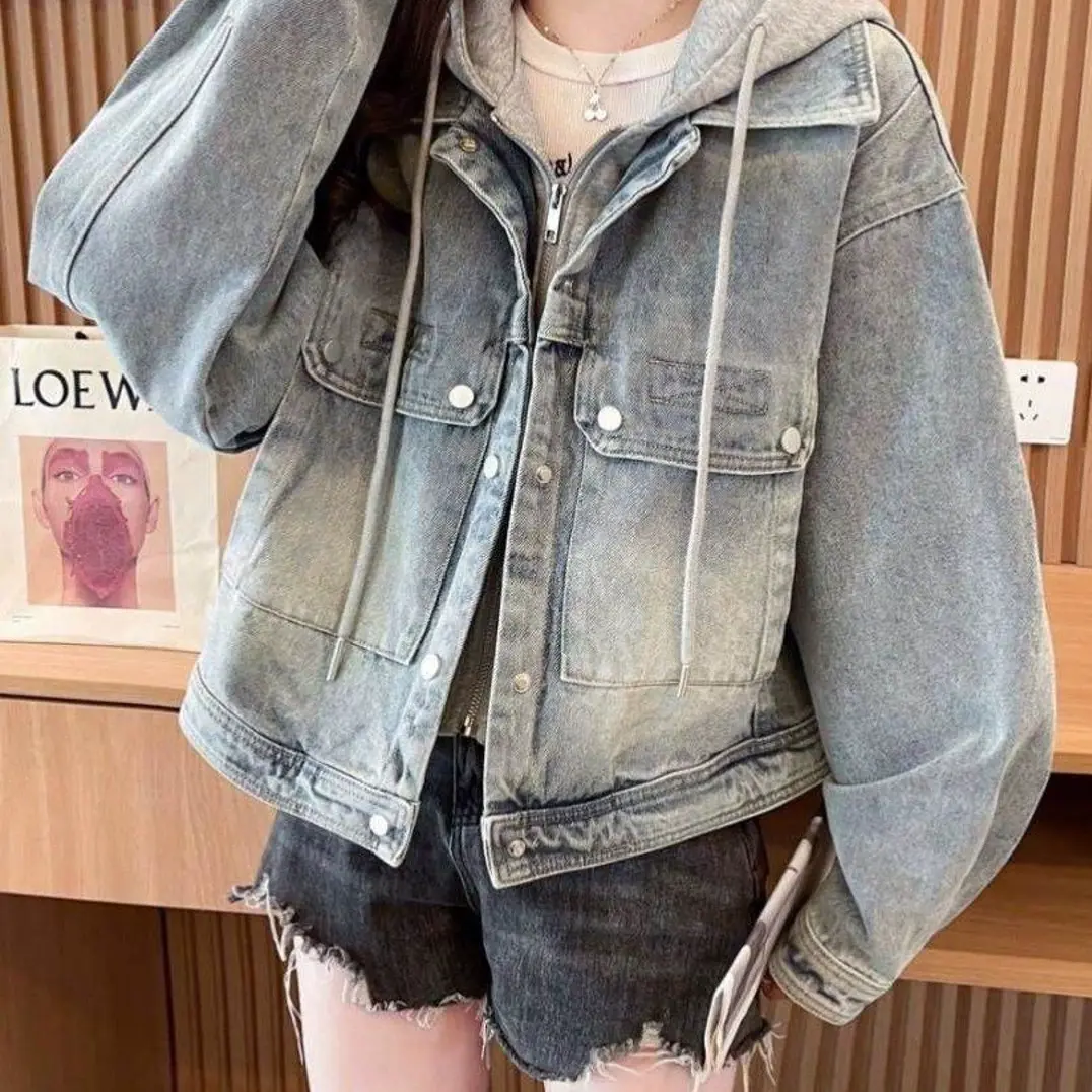 宽松型耐磨女韩版休闲洋气短外套牛仔衣连帽短款常规