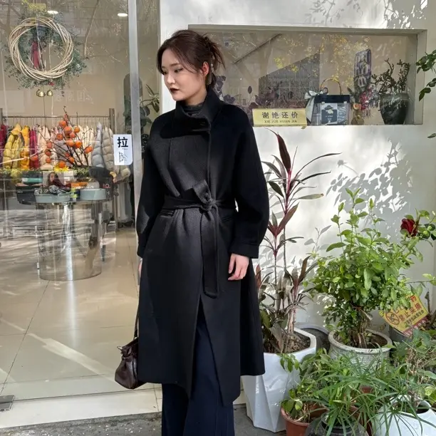 秋冬新款时尚立领收腰双面中长款气质大衣外套