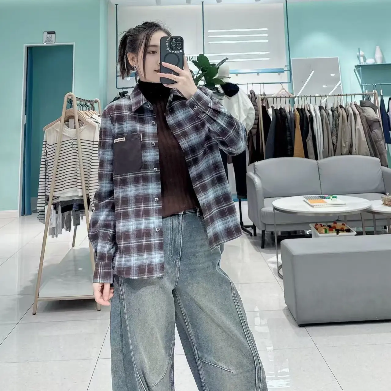 柚丁新款冬季时尚百搭格子长袖休闲衬衫9A52C27583