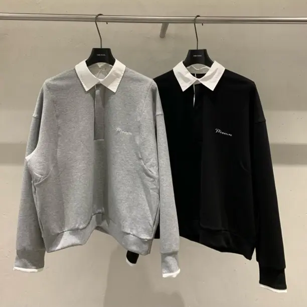 假两件百搭POLO翻领简约落肩长袖套头卫衣宽松休闲新款学院风上衣