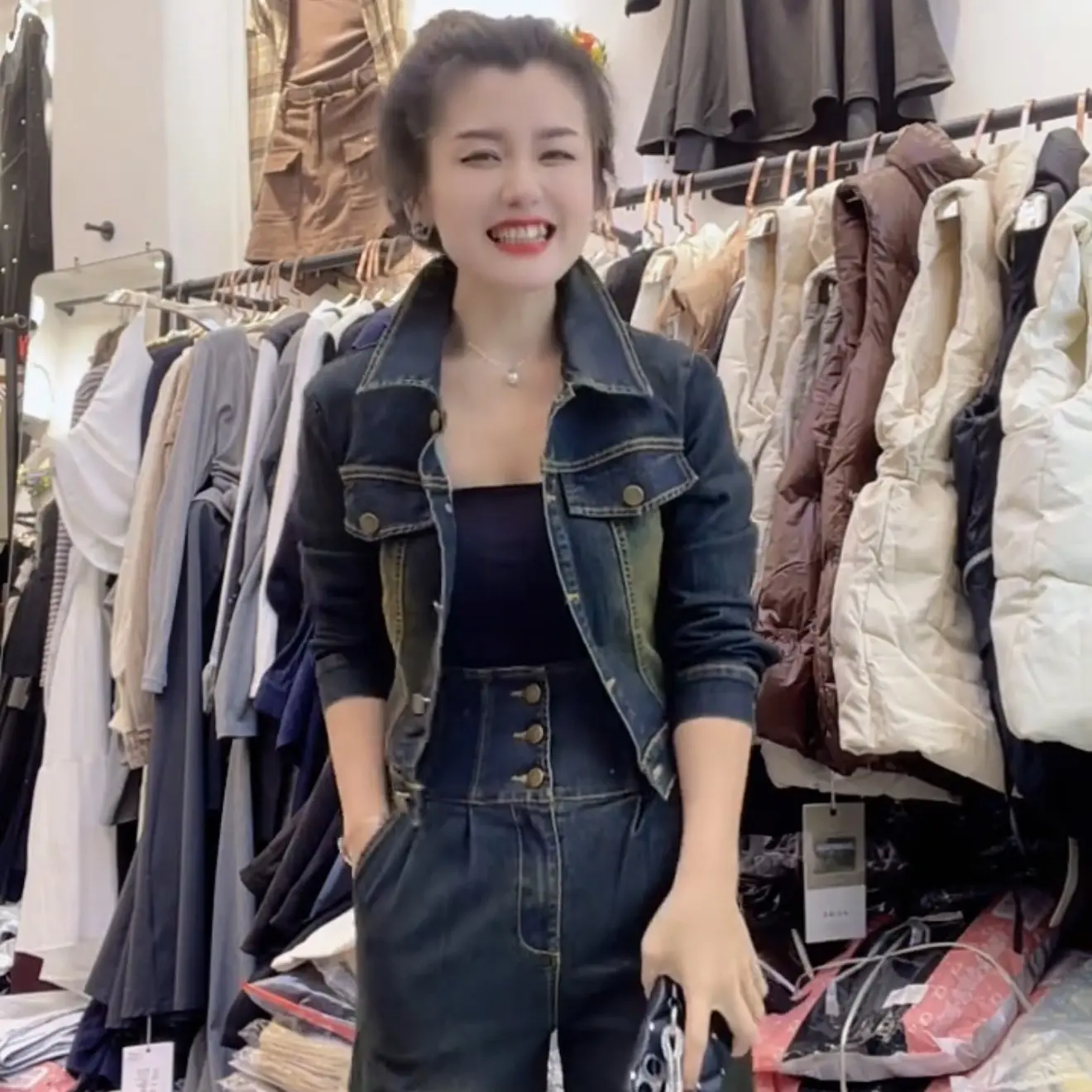 秋冬新款复古牛仔外套搭配直筒裤工装风套装