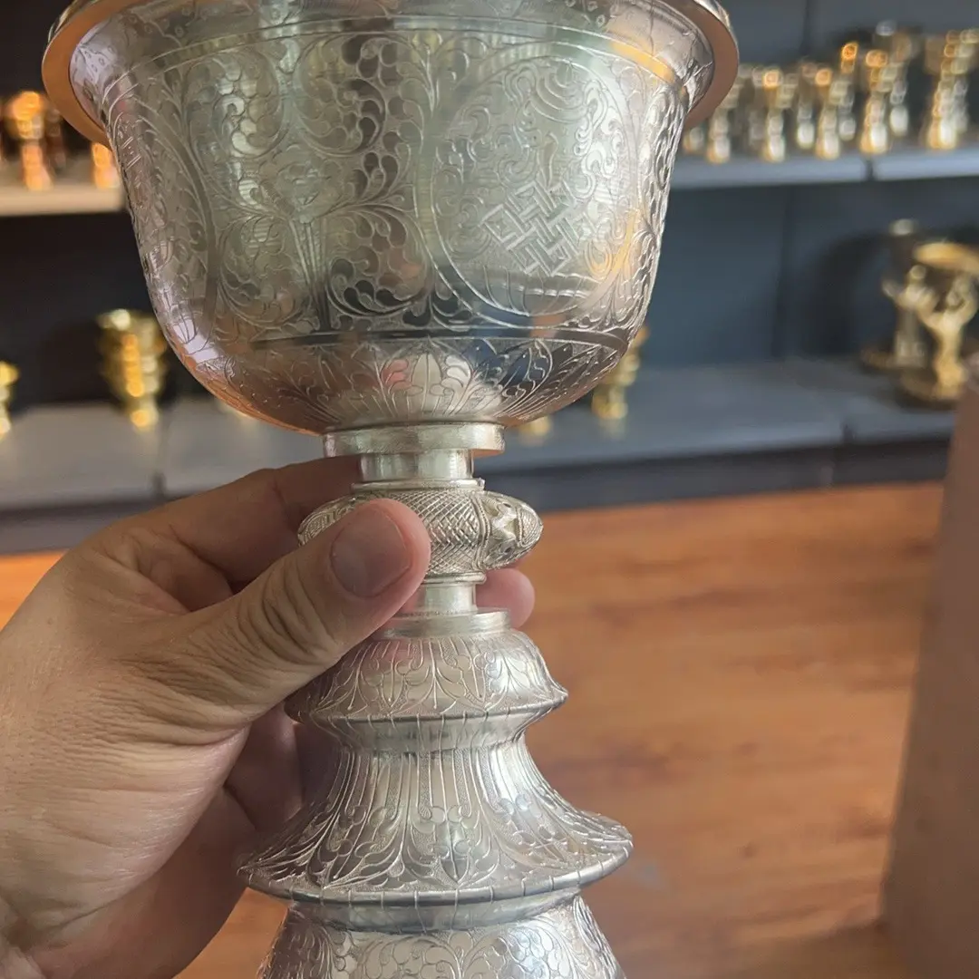 银质工艺雕花尼泊尔手工酥油灯灯座家用供佛灯座