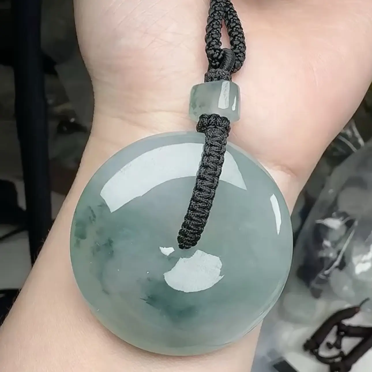 缅甸翡翠纯天然A货冰种蓝飘花平安扣玉石冰透细腻吊坠