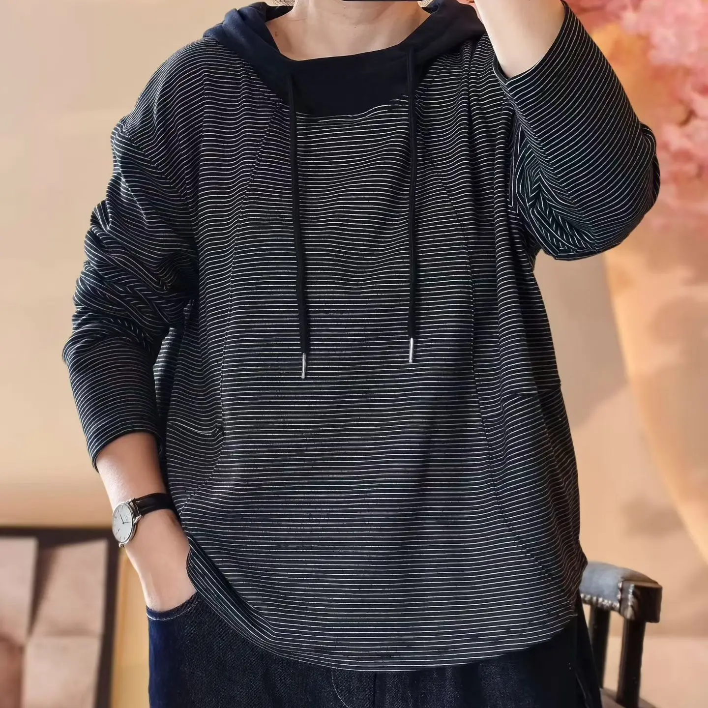 连帽条纹卫衣宽松显瘦拼色德绒休闲百搭女士春秋时尚上衣