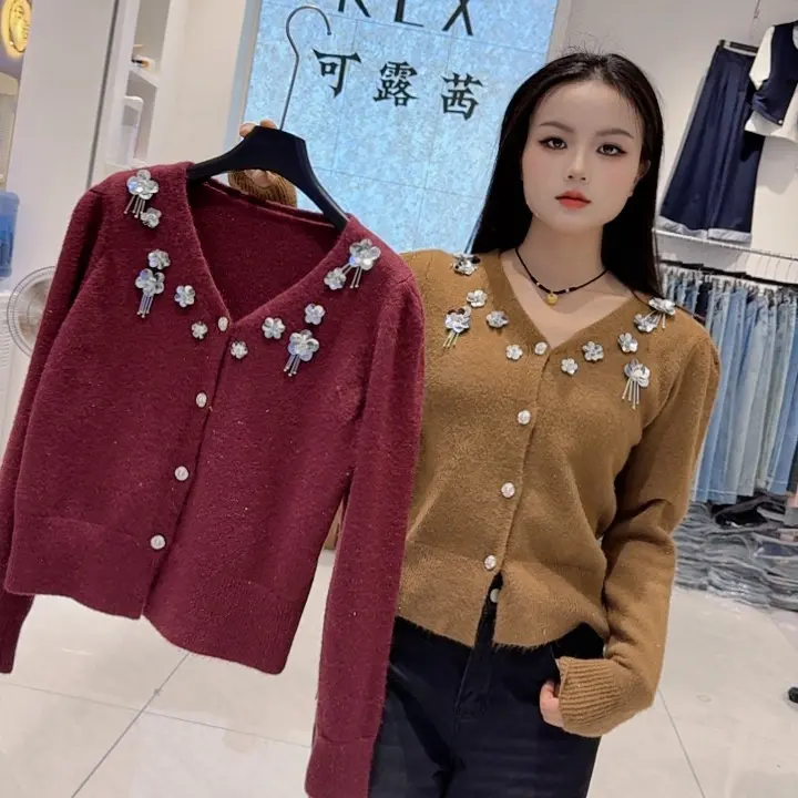 法式浪漫温柔风花朵V领秋冬针织外套